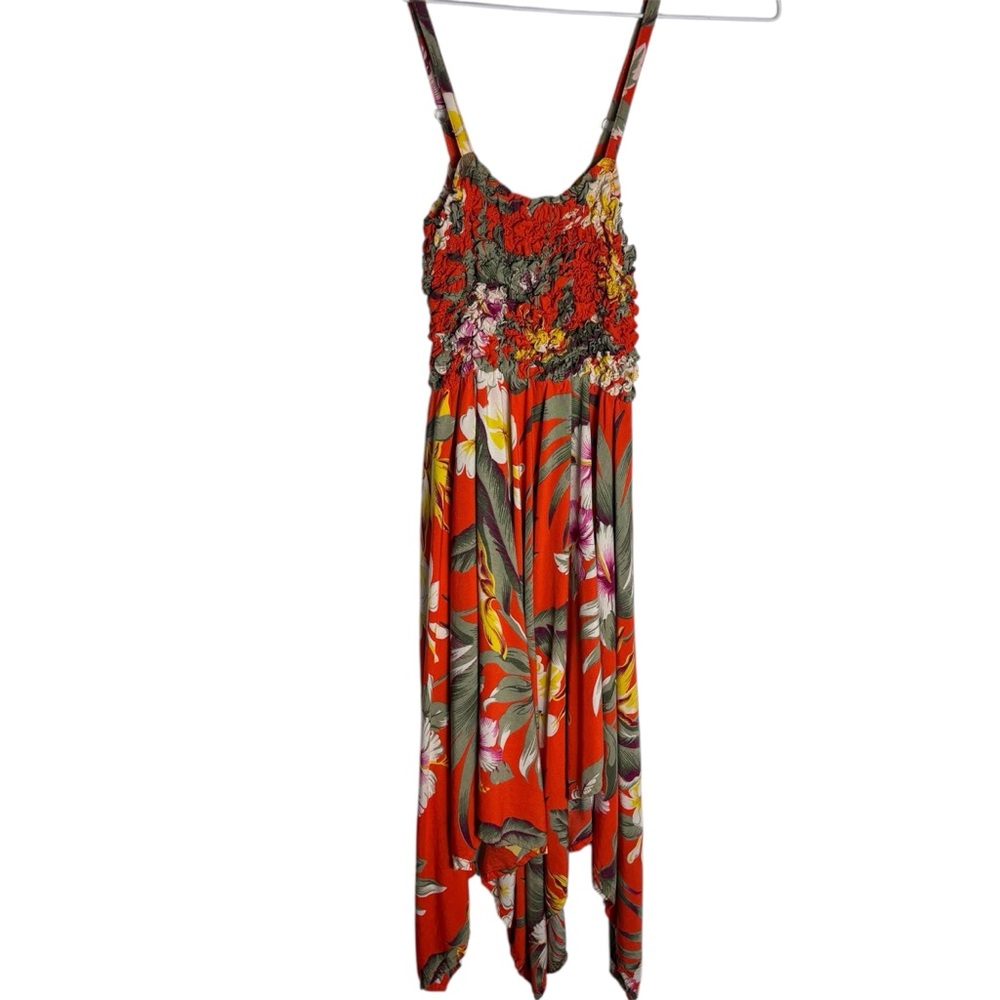 Uluwatu orange crinkle handkerchief hem midi Hawaiian hibiscus dress one size